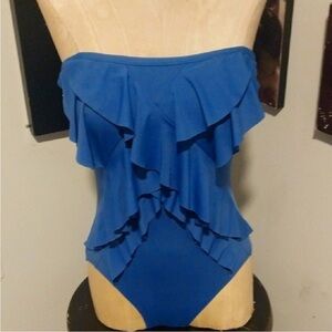 Michael Kors Blue Ruffled One Piece Strapless Swimsuit sz 6 NWOT